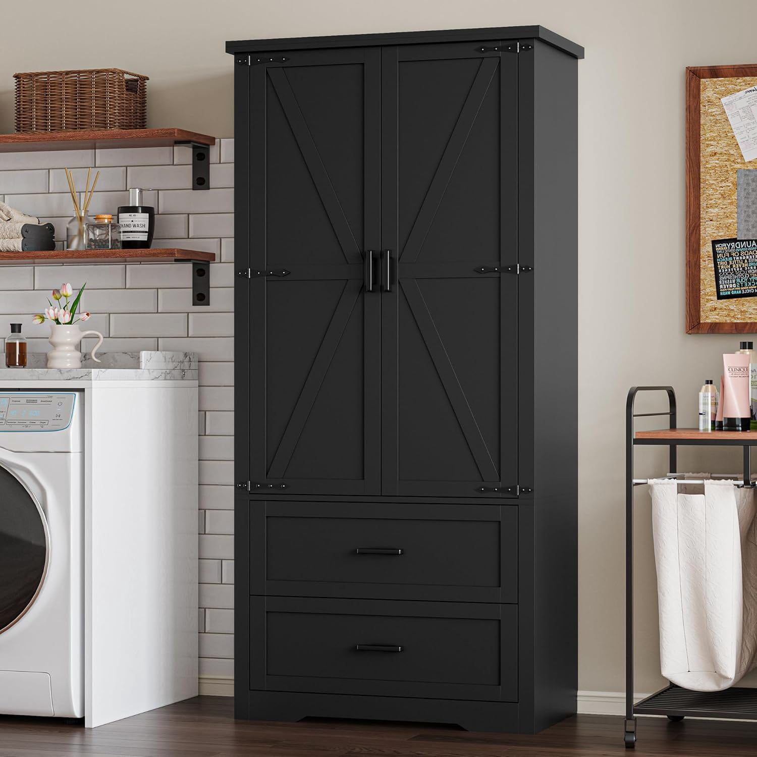 FANRAL 71” Tall Pantry Organizers and Storage Cabinet with Barn Doors & Drawers,Adjustable Shelf for Kitchen Dining Room Living Room Bathroom Office,Black Pantry Cabinet