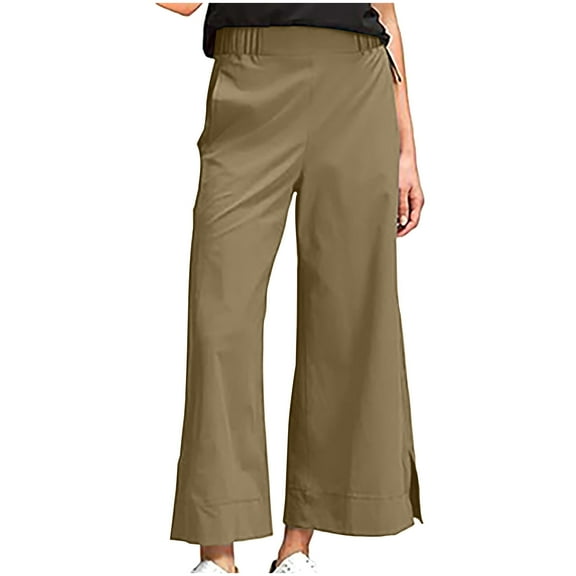 Tnhcen Women's Wide Leg Pants Cotton Linen Blend - Loose Fit Casual Trousers with Pockets & Cropped Hem Slits S-2XL Pre-Washed Soft Pants for Women
