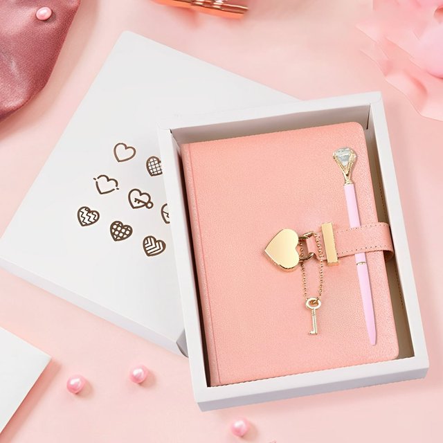Heart Lock Diary with Lock Key Pen 144 Sheet Elegant Secret Notebook PU Cover Personal Organizer Diary Lockable Journal for Girls