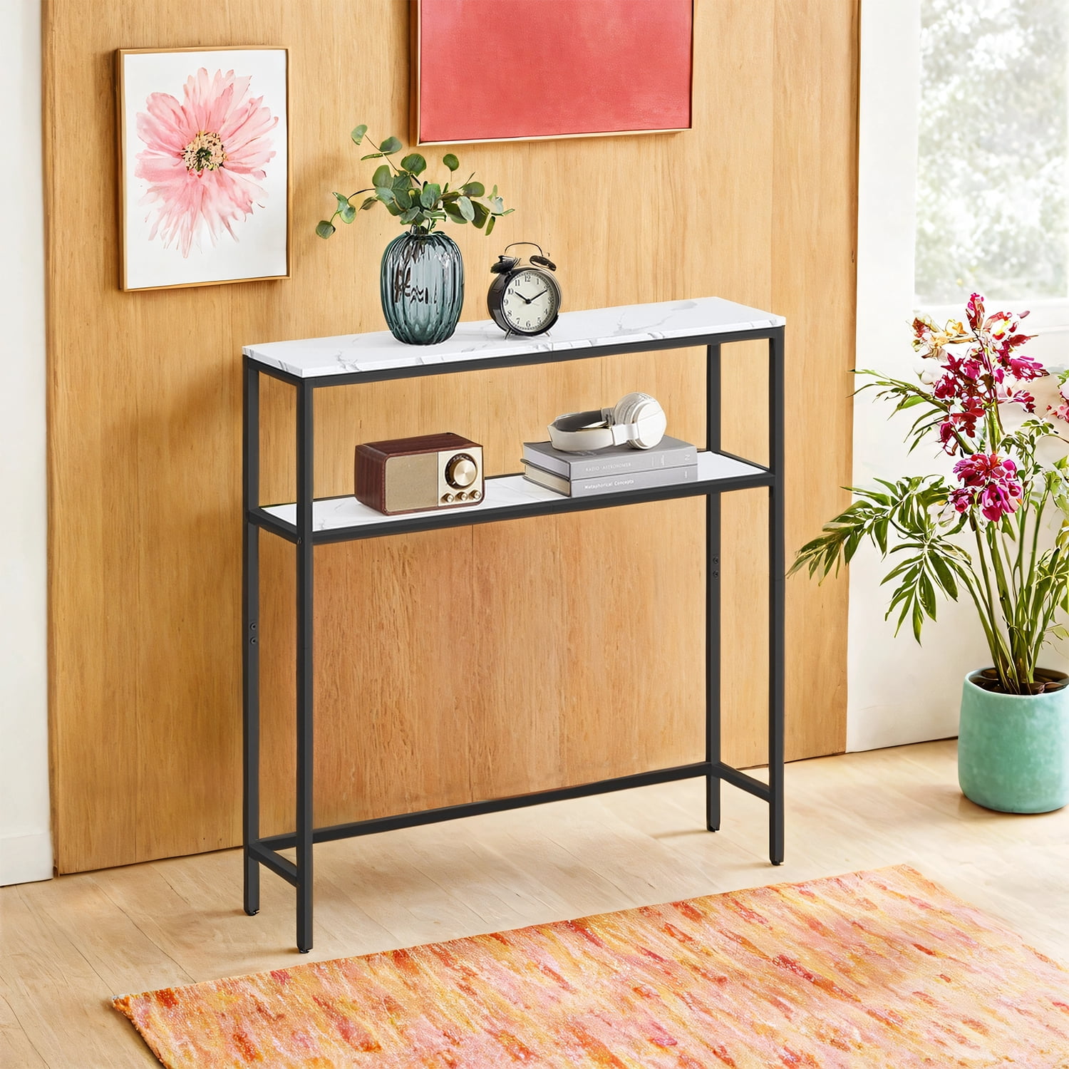 LEDREM 31.5" Modern Console Table, 2-Tier Narrow Sofa Table with Adjustable Feet, Entryway Shelf, Marble White and Black