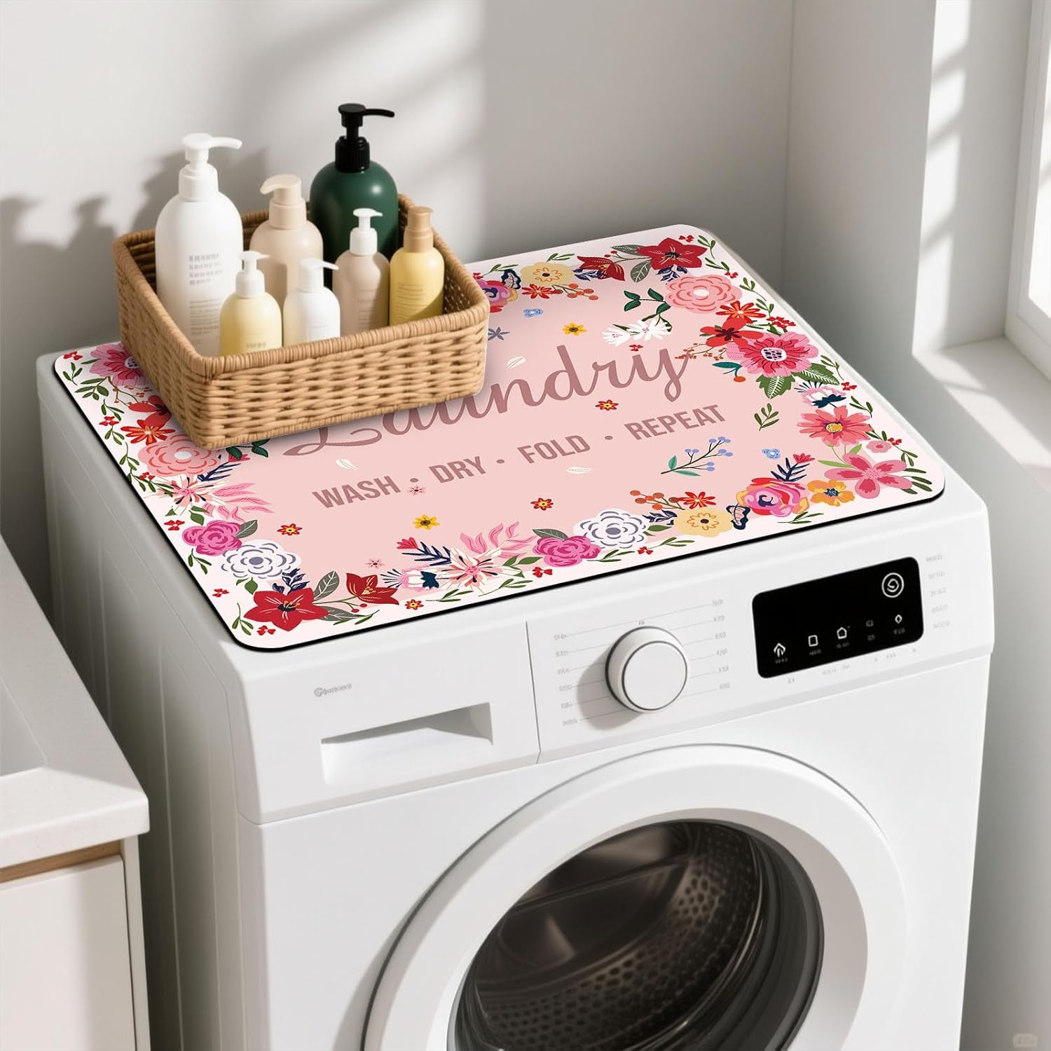 Non-Slip Washer & Dryer Top Cover Protector Mat Dust-Proof Washing Machine Cover Pad With Pink Floral Laundry Sign Design Universal 23.6"x19.7" for Laundry Room & Kitchen Decor