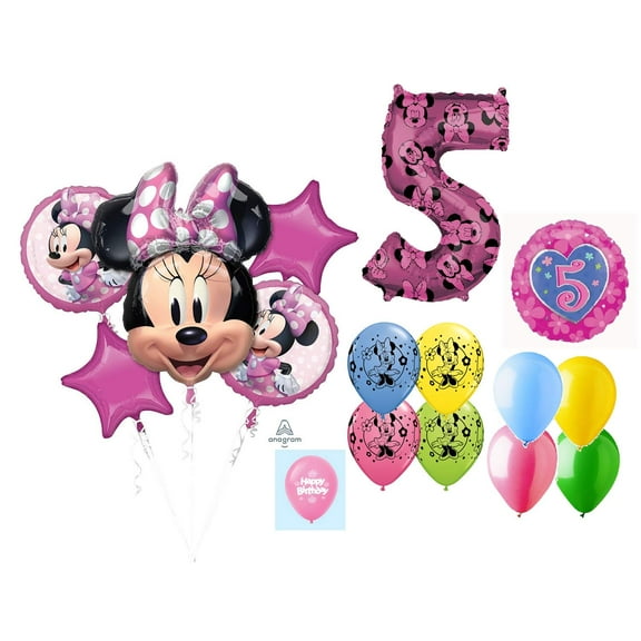 DalvayDelights Minnie Mouse 5th #5 Fifth Birthday Forever 16 Piece Mylar & Latex Balloons Bouquet Set New!