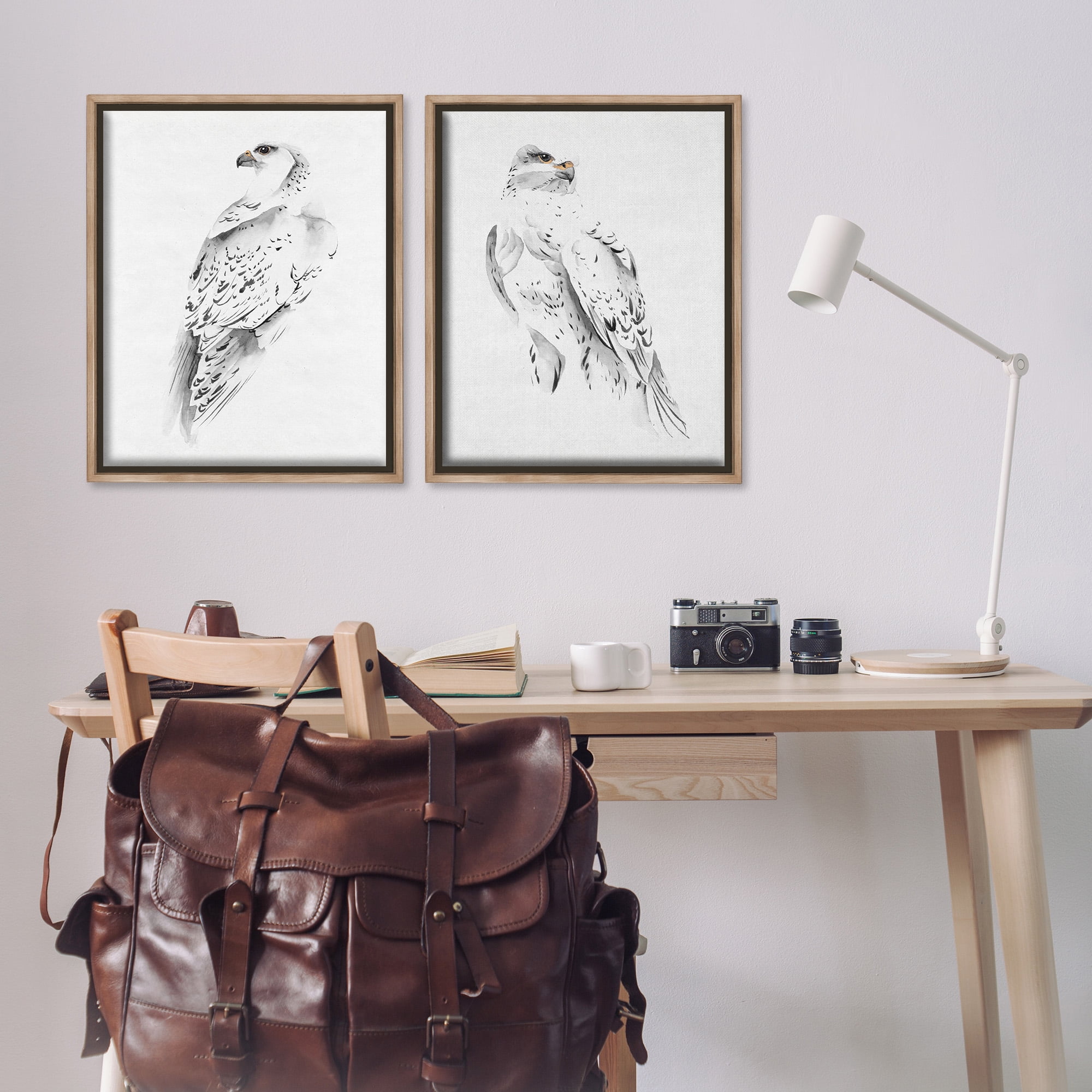 Stupell Industries White Hawk Winter Birds Animals & Insects Painting Brown Floater Framed Canvas Art Print Wall Art, 25 x 31, Set of 2
