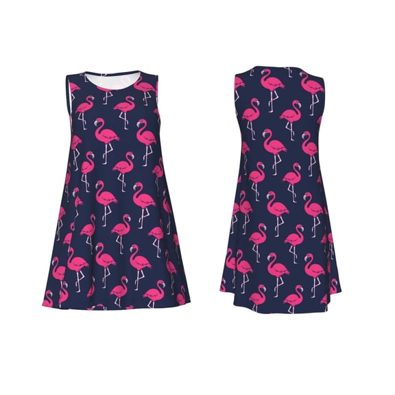 Horeoi Cute Flamingo Print Women's Sleeveless Dress Cotton-like Flared Hem Deep Side Pockets Above-Knee