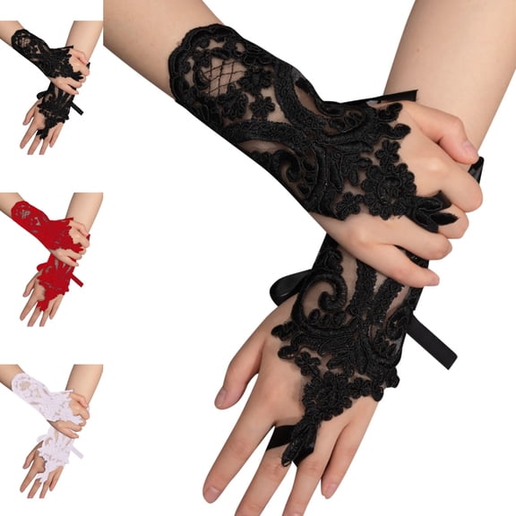 GPOECD Lace Gloves Carnival Short Embroidered Fingerless Tea Party Opera Prom Masquerade Evening Dress Mittens