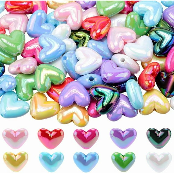 80Pcs 10 Colors Heart Pen Beads Bulk Acrylic Focal Beads Bubblegum UV Colorful Plastic Hearts Shaped Shiny Spacer Bead for Jewelry Making Beadable Pens Charms Bracelets Decor Colorful DIY