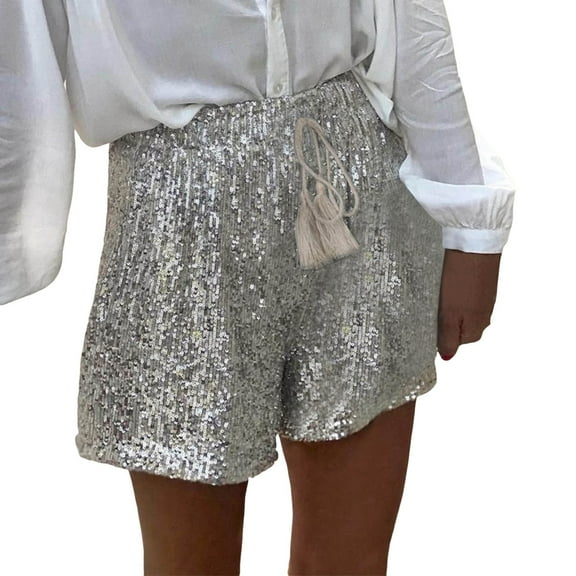 Razzly Women Summer Sequin Shorts High Waist Casual Loose A Line Hot Pants Sparkly Clubwear Night Out Shorts under Skirts Shorts for Women Womens Christmas Pajama Shorts Plaid Skirts for(Silver,M)