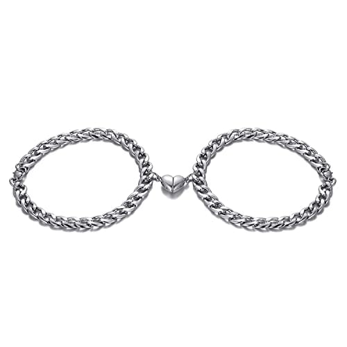 2PCS Matching Bracelets For Couples Magnetic Relationship Mutual Attraction Cuban Chain Silver Best Friend Bracelets For 2 Promise Long Distance Heart Sister for Women Men Charm Cute Trendy Stainless