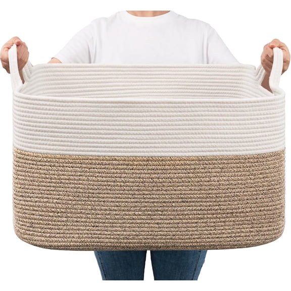 Large Blanket Basket, 22" x 17" x 12" Large Blanket Basket Rectangle Woven Baskets, Nursery Blanket Storage Living Room, Toy Storage With Handle, for Bedroom, Laundry, Brown