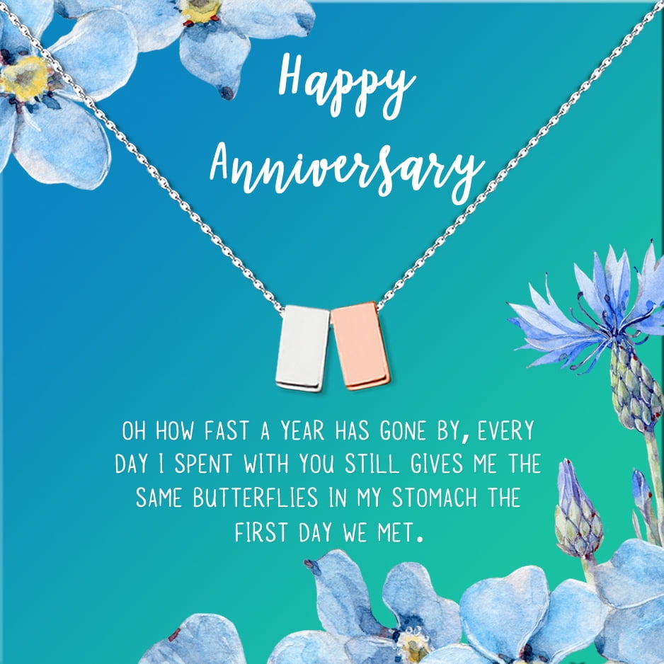 Anavia Happy Anniversary Gift Necklace,Wedding Anniversary Gift for Wife,Express Love Card Jewelry Gift-[Silver and Rose Gold Double Cube, Bright Blue Gift Card]