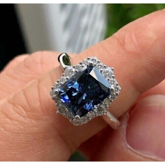 Gems Jewels 2.90 Ctw Emerald Cut Blue Sapphire & Diamond Wedding Anniversary Engagement Halo Ring 14K White Gold Plated 925 Sterling Silver 925 Sterling Silver -7.5