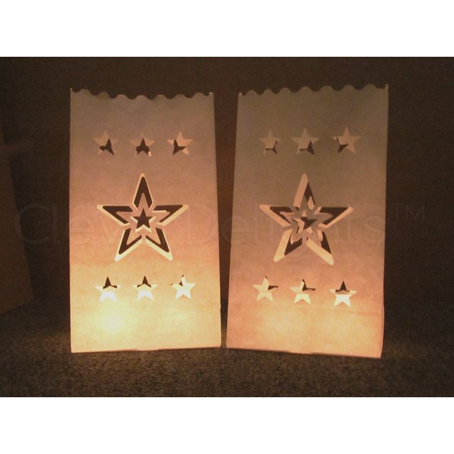 CleverDelights White Luminary Bags 20 Count Star Design Flame