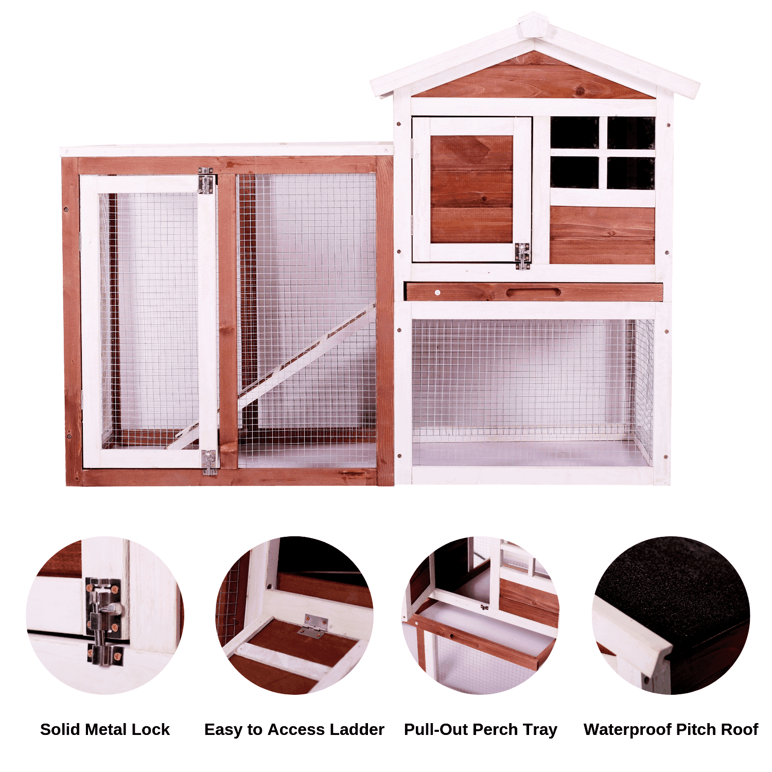 Fir Wood Chicken Coop,Outdoor Bunny Rabbit Hutch Hen Cage with Ventilation Door 2 Stroy Poultry House with Chicken Run for 3 Hens,Egg Box & Waterproof Roof,Removable Tray and Ramp 