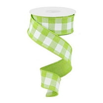 Plaid Check Wired Edge Ribbon - 10 Yards (Lime Green, White, 1.5")