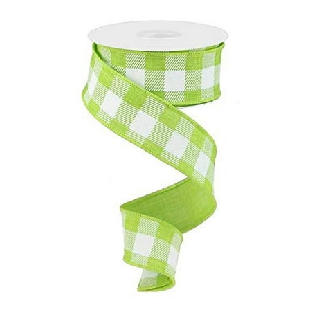 Plaid Check Wired Edge Ribbon - 10 Yards (Lime Green, White, 1.5")