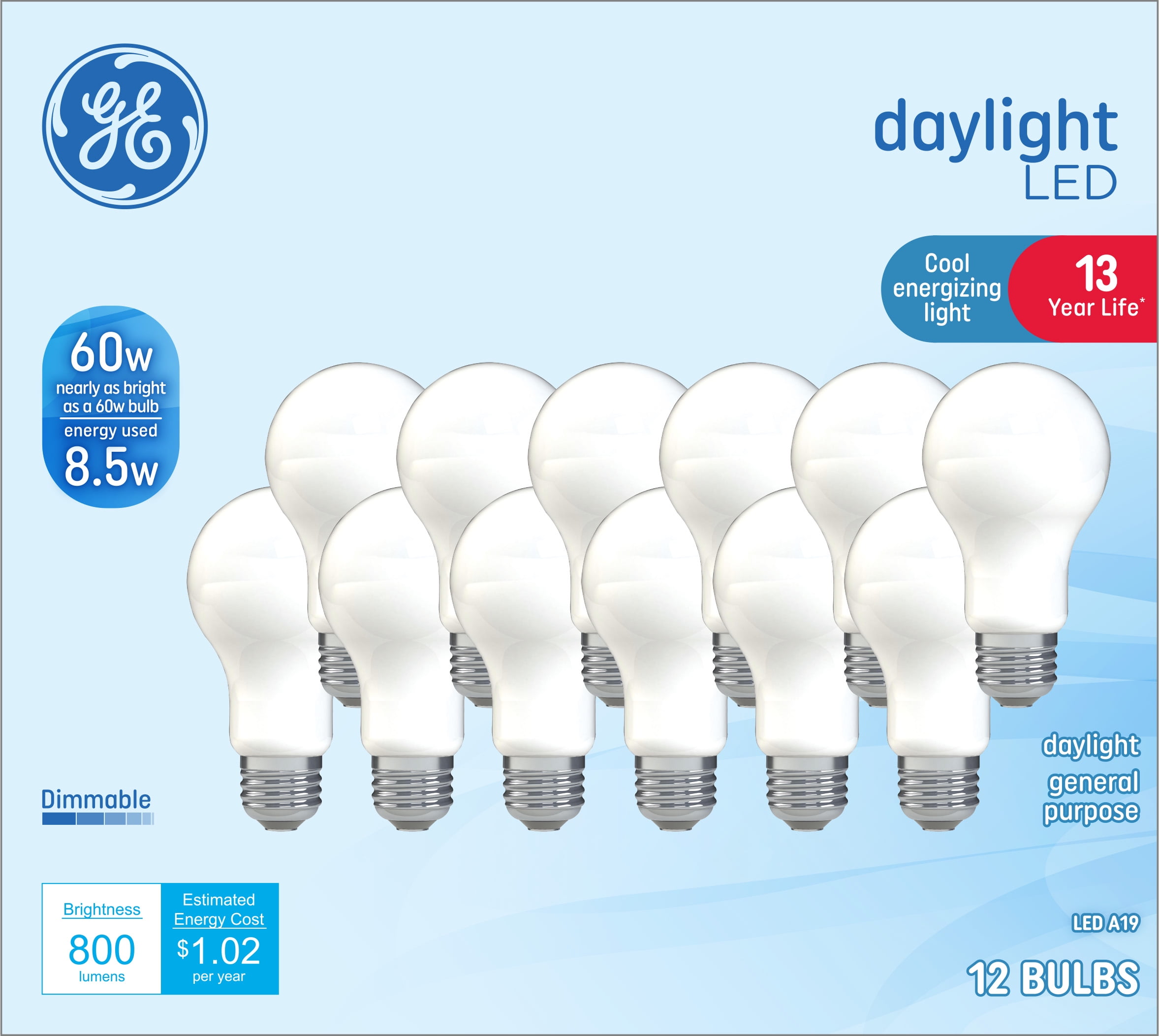 GE Daylight LED Light Bulbs, 60 Watt Eqv, A19 General Purpose, 13 year, 12pk