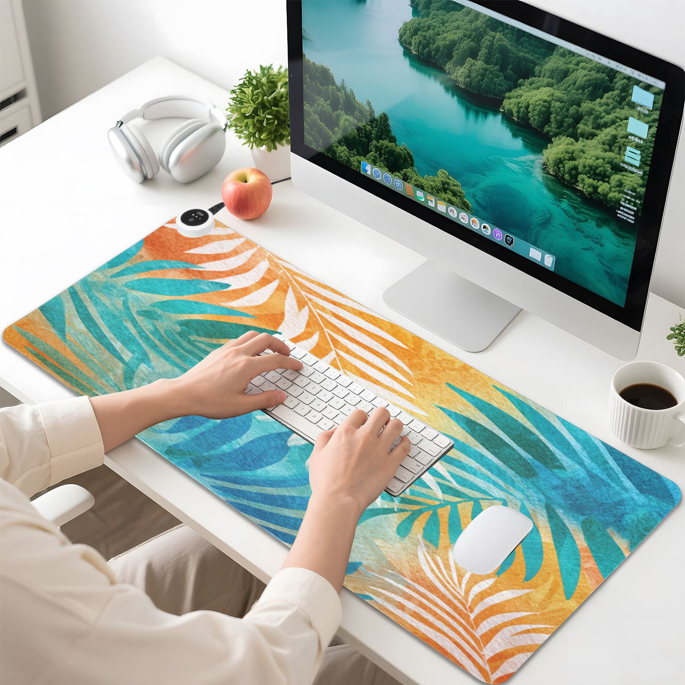 Large Heated Desk Mat Mouse Pad 31.5"x13"PU Leather Graphene Heating Desk Warmer with 3 Temperature Settings 110V US Plug Non-Slip Warm Pad for Home, Office, and Gaming Sunset Tropical Leaf Design