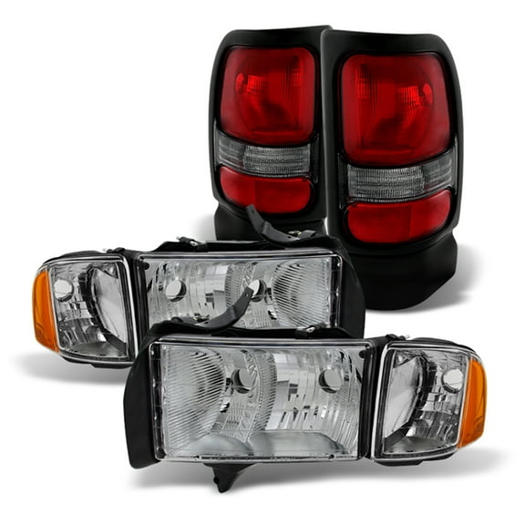 AKKON - Fits 1999-2001 Dodge Ram 1500 Sport Models Chrome Headlights  Red Clear Tail Lights Pair Left Right combo