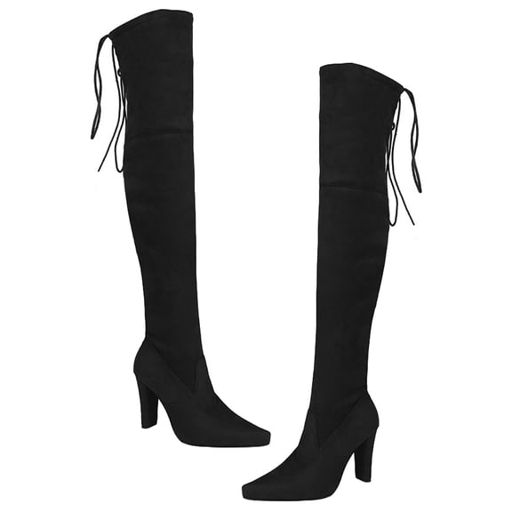 HOOWIFFY 1Pair Elegant Black Pointed Toe Over The Knee Boots Stable High Heel Fashion Shoes