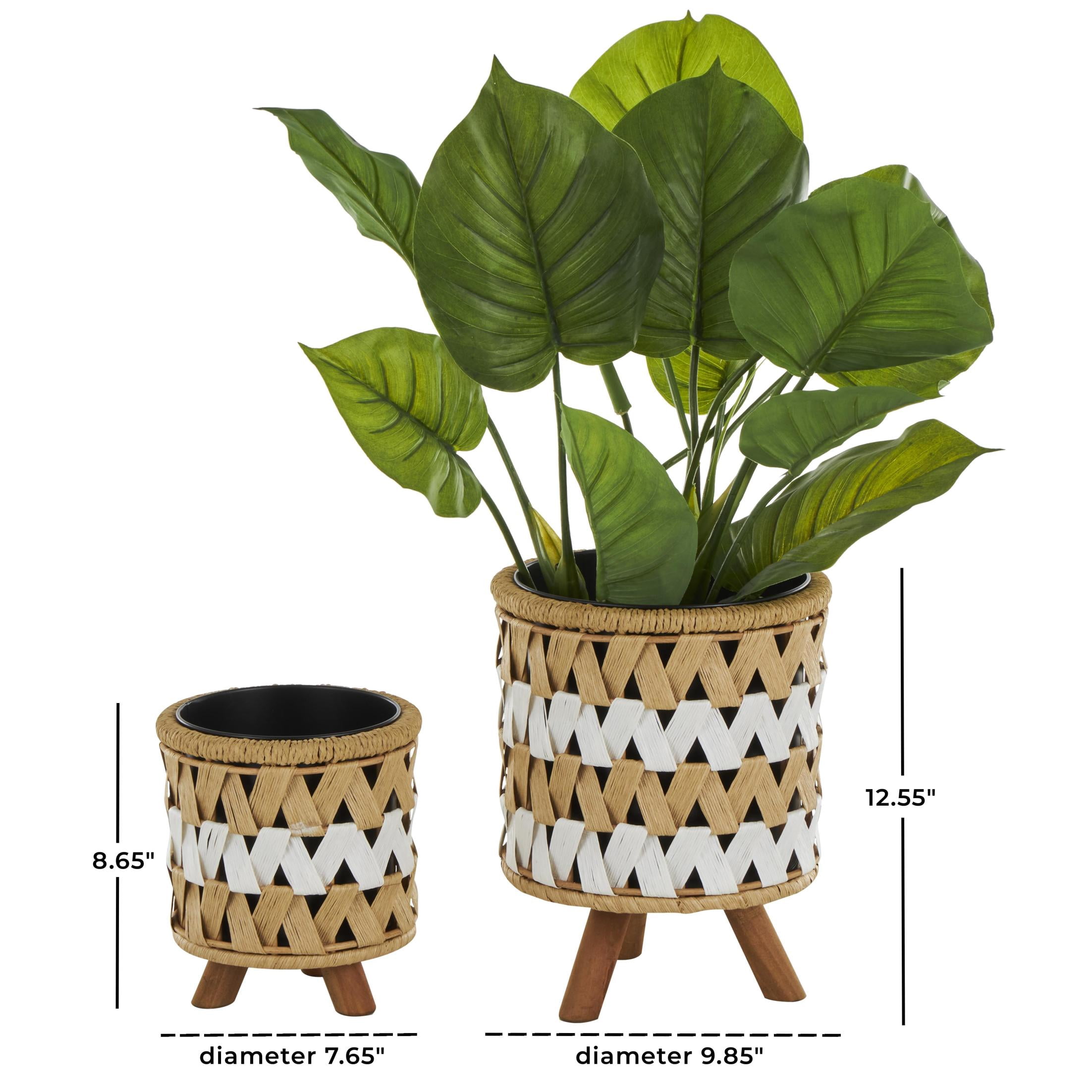 DecMode 13", 9"H Handmade Woven Chevron Brown Jute Rope Geometric Planter with Wooden Legs (2 Count)