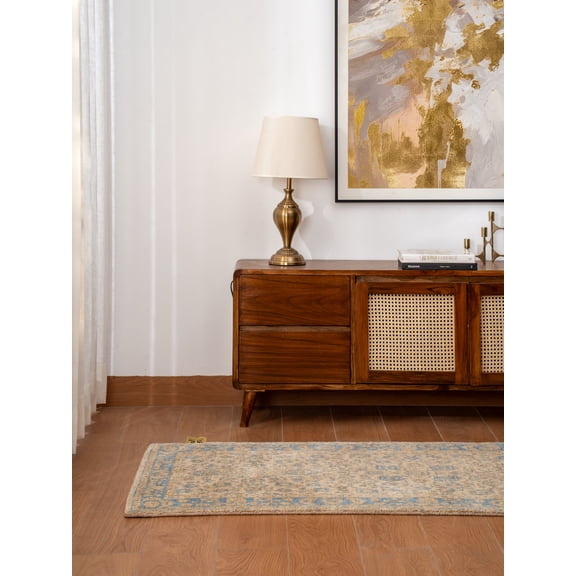 Rugsotic Carpets Hand Knotted Wool Area Rug 2'6''x6' Beige Blue Oriental Runner Indoor Rug for Living Room, Bedroom Antimicrobial HM0004