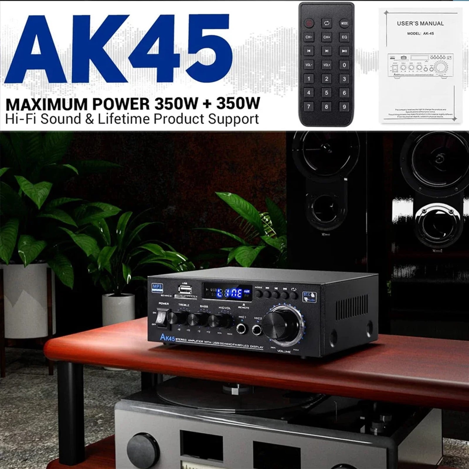 AK45 Power Amplifier HiFi Stereo Amplifier Channel 2.0 Max Power 90Wx2 AMP for Home Theater Car Amp De ,Bass & Treble Control