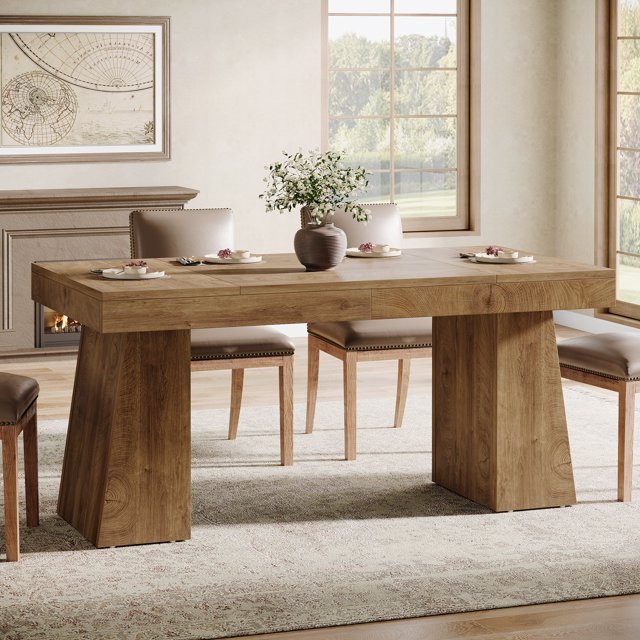 Fnova 55" Modern Dining Table, Mid-Century Wood Rectangular Writing Desk, Computer desk with Double Trapezoid Base, Seats 4-6 - Perfect for Home Office, Dining Room, Kitchen & Living Room