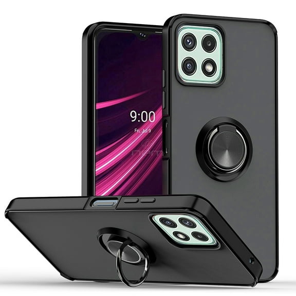 For T-Mobile REVVL 7 5G Impact Metal Ring Holder Stand Magnetic Car Mount Protective Hybrid Case Cover Black
