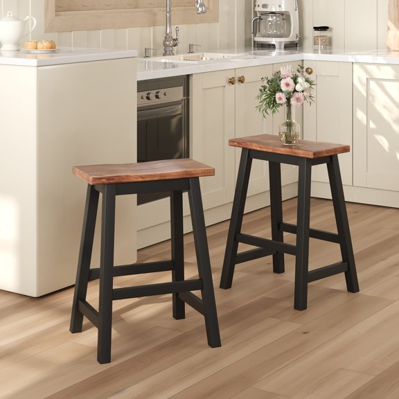 Knubmt Set of 2 Wood Counter Height Bar Stools with Footrest, Perfect for Kitchen, Dining Room, Brown Black