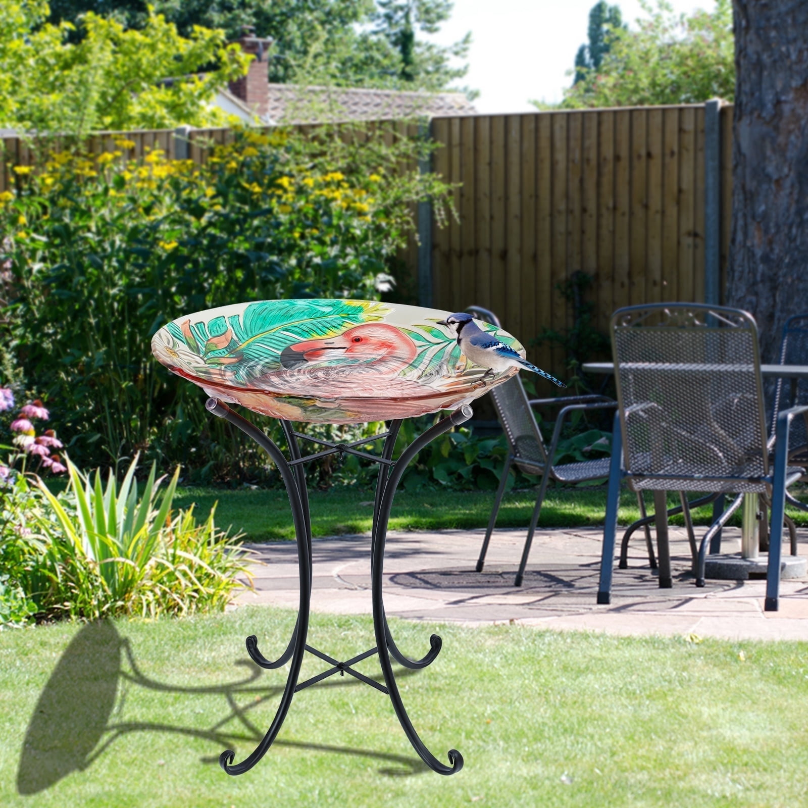 Outdoor Bird Bath, Flamingo Pattern Birdbath, Birdbath with Metal Stand, Attractive to Birds, Suitable for Outdoor Decoration in Patio Garden Lawn