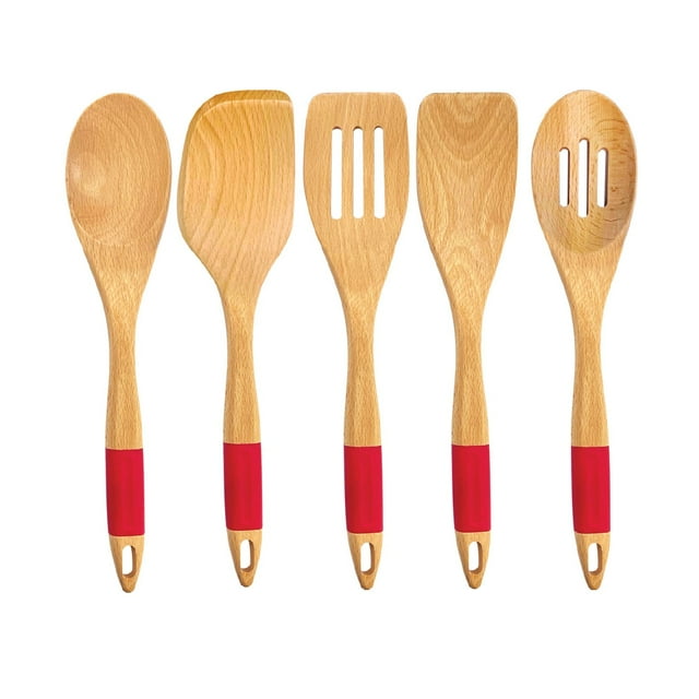 JS Gourmet - 5 Piece Beech Wood and Silicone Kitchen Utensil Set, Red
