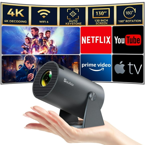 Aubor Mini Projector with Wifi and Bluetooth 1080P Support Smart Projector with Android TV 180° Rotatable Portable Outdoor Short Throw Projector Auto Ke