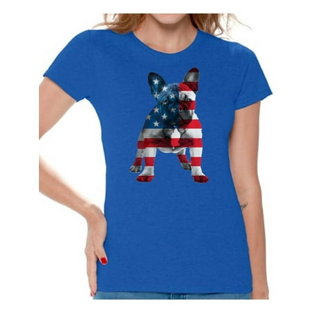 French Bulldog Merchandise - Awkward Styles Women's USA Flag French Bulldog Cute Graphic T-shirt Tops 4th Of July Party Pet Lover