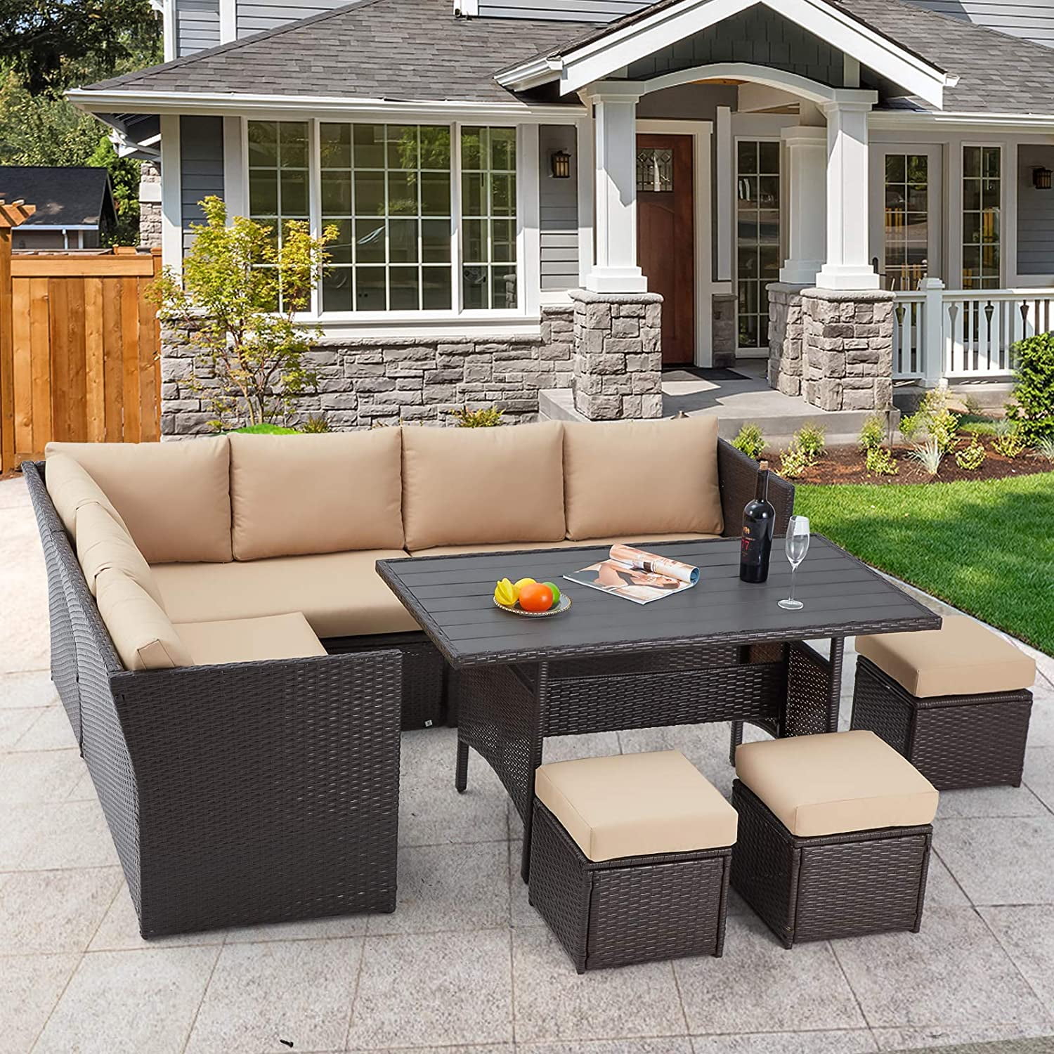 AECOJOY 7 Pieces Outdoor Rattan Sectional Sofa Couch with Dining Table and Protection Cover - Beige