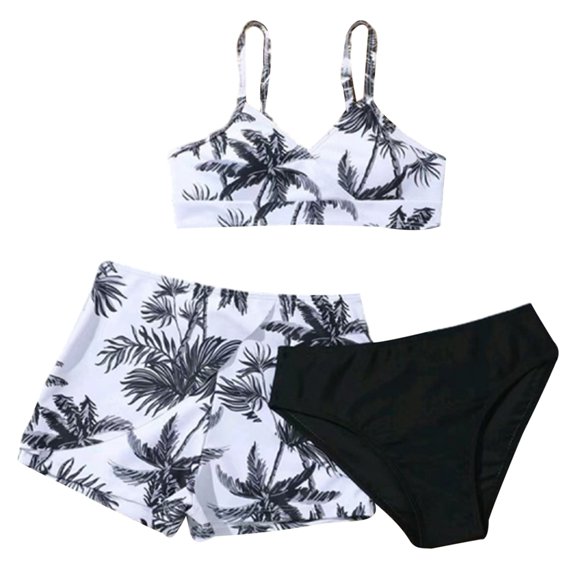 GYRATEDREAM 7-11 Girl's 3 Piece Tropical Print V Neck Bikini Set Swimsuit Bathing Suit with Shorts Sporty Girls' Swimwear
