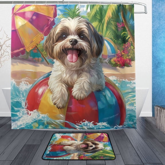 BZSMCE Shower Curtain and Bath Accessory Set,Playful Poolside Pup Pattern
