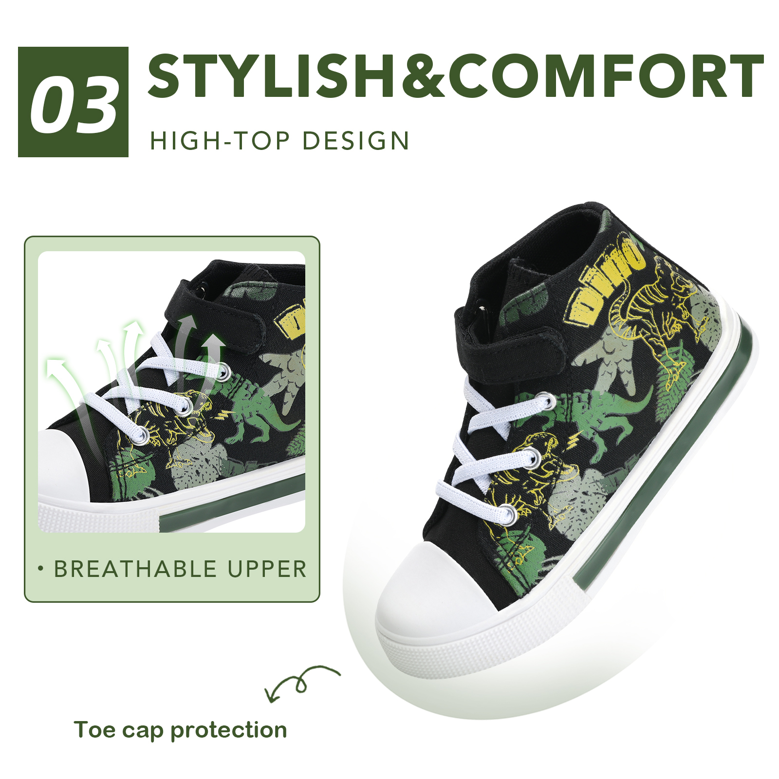 Toddler Boys Light Up Sneakers Kids High Top Canvas Shoes, Dinosaur, Size 9