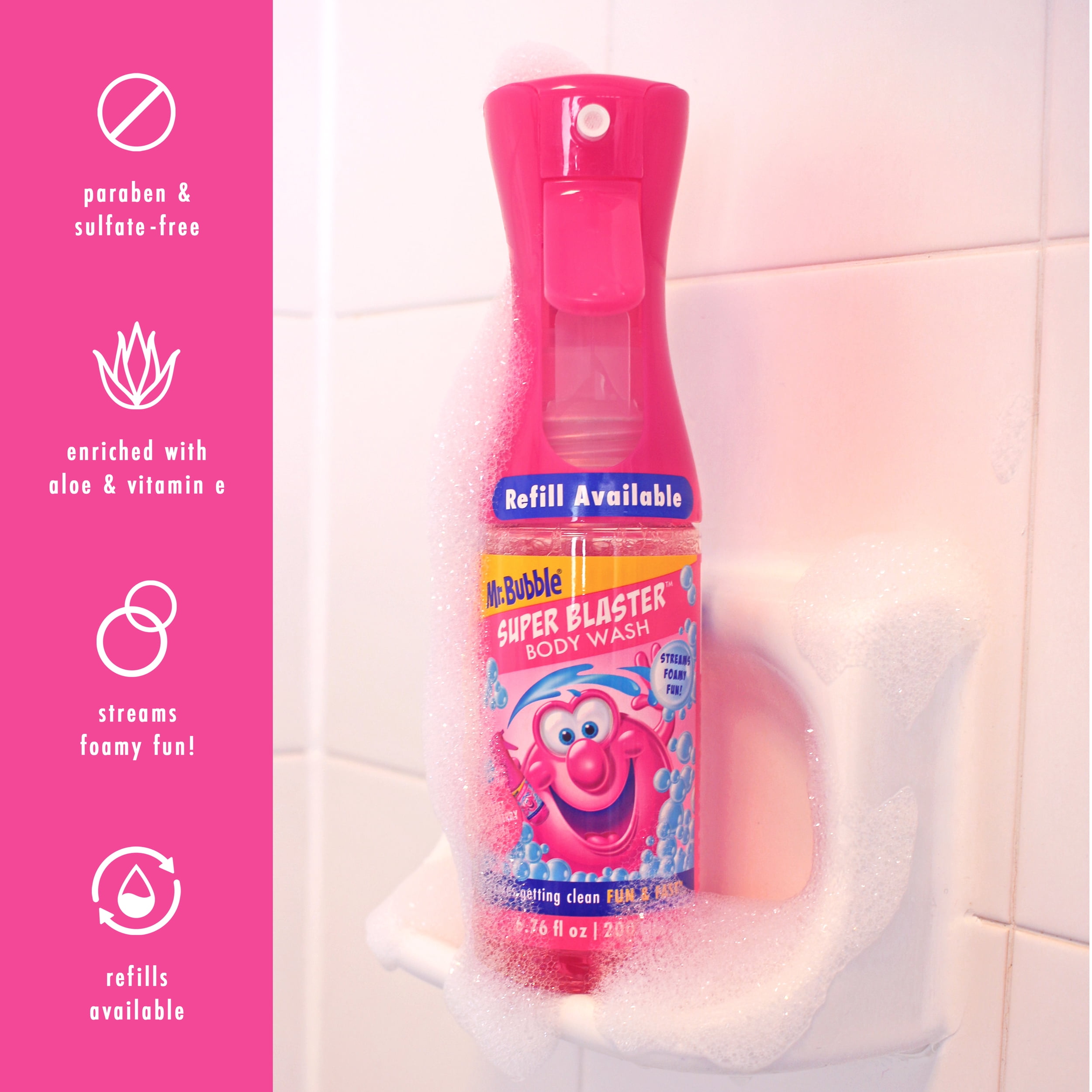 Mr. Bubble Super Blaster Body Wash Sprayer, Sweet Strawberry Splash, Aloe & Vitamin E, 6.76 oz