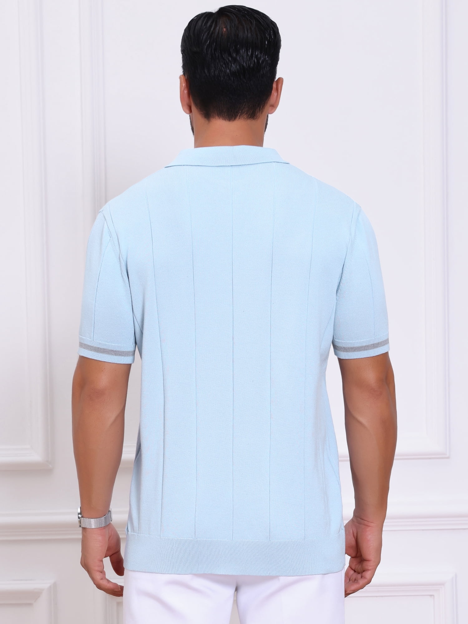 DARING DIVA Men's Textured Zip Up Ribbed Hem Short Sleeve Golf Polo Shirts S Light Blue