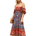 thumbnail image 2 of KOMOO Women Bohemian Floral Long Dress Summer Puff Short Sleeve V Neck Loose Ruffle Tiered Dress Beach Swing Sundress, 2 of 6