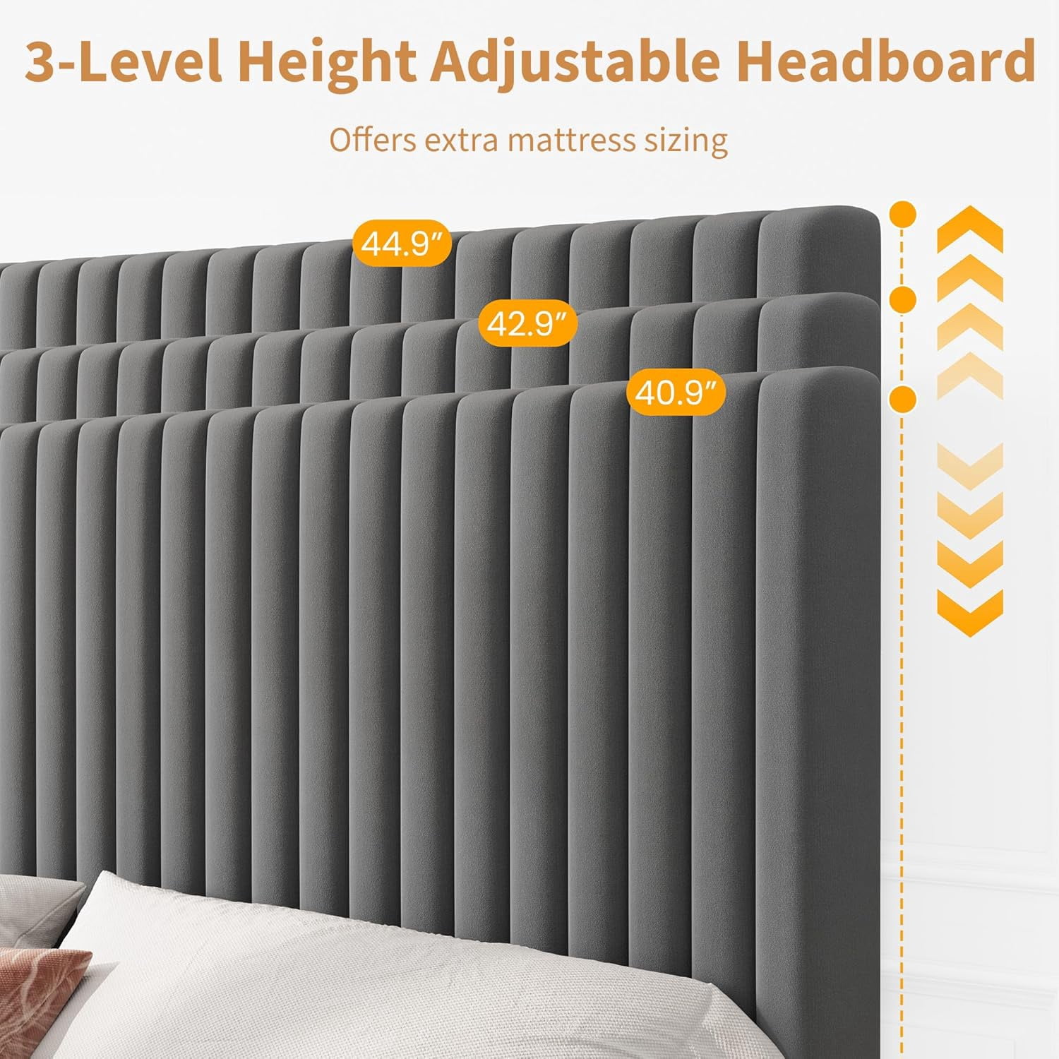 King Bed Frame with Adjustable Headboard, Velvet Upholstered Platform King Size Bed Frame, Vertical Channel Tufted, Strong Wooden Slats, No Box Spring Needed, Easy Assembly, Grey