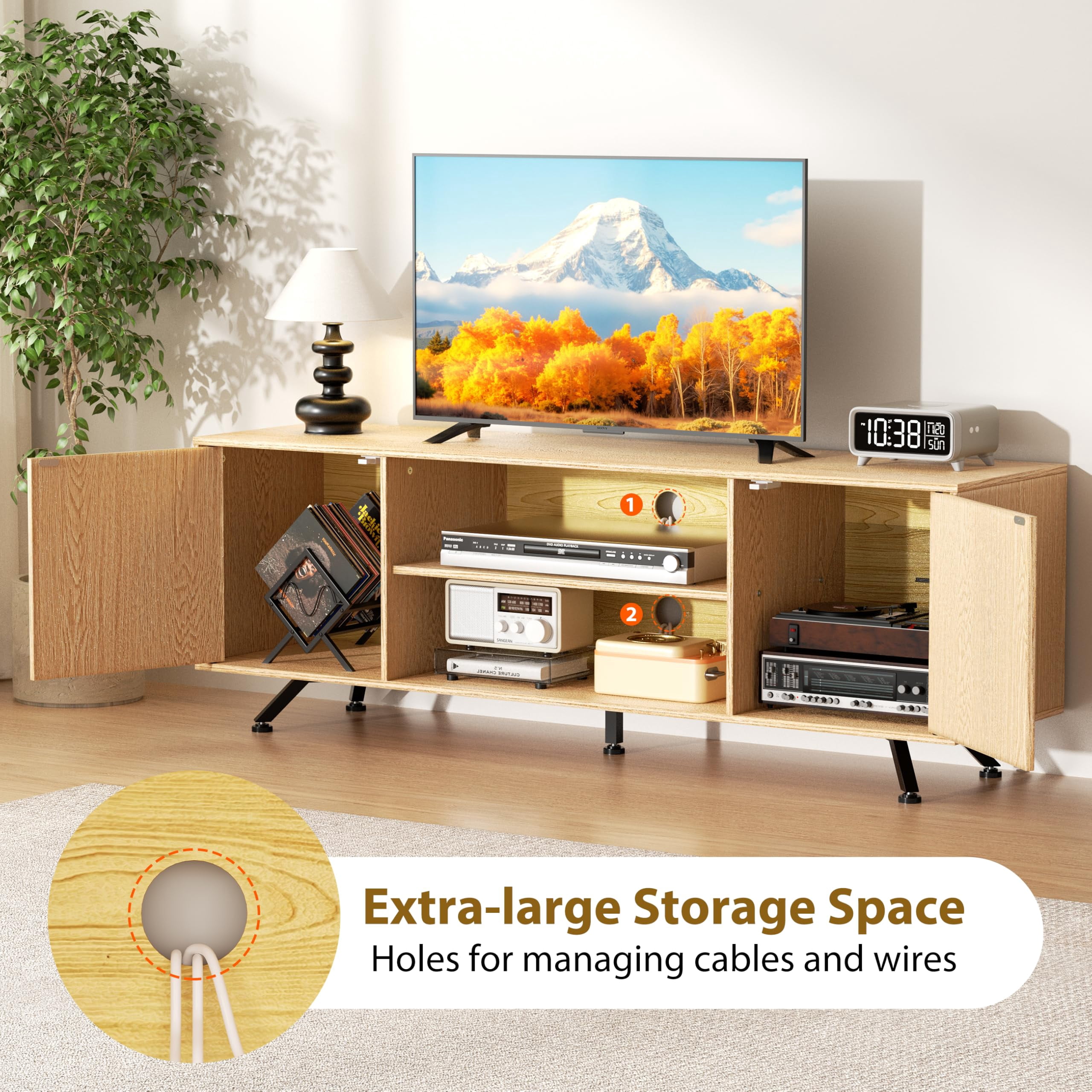 THAILE Mid-Century Modern Television Stand for TVs up to 65", Wooden TV Stand Entertainment Center with Storage Racks, 2 Cabinets, Oak