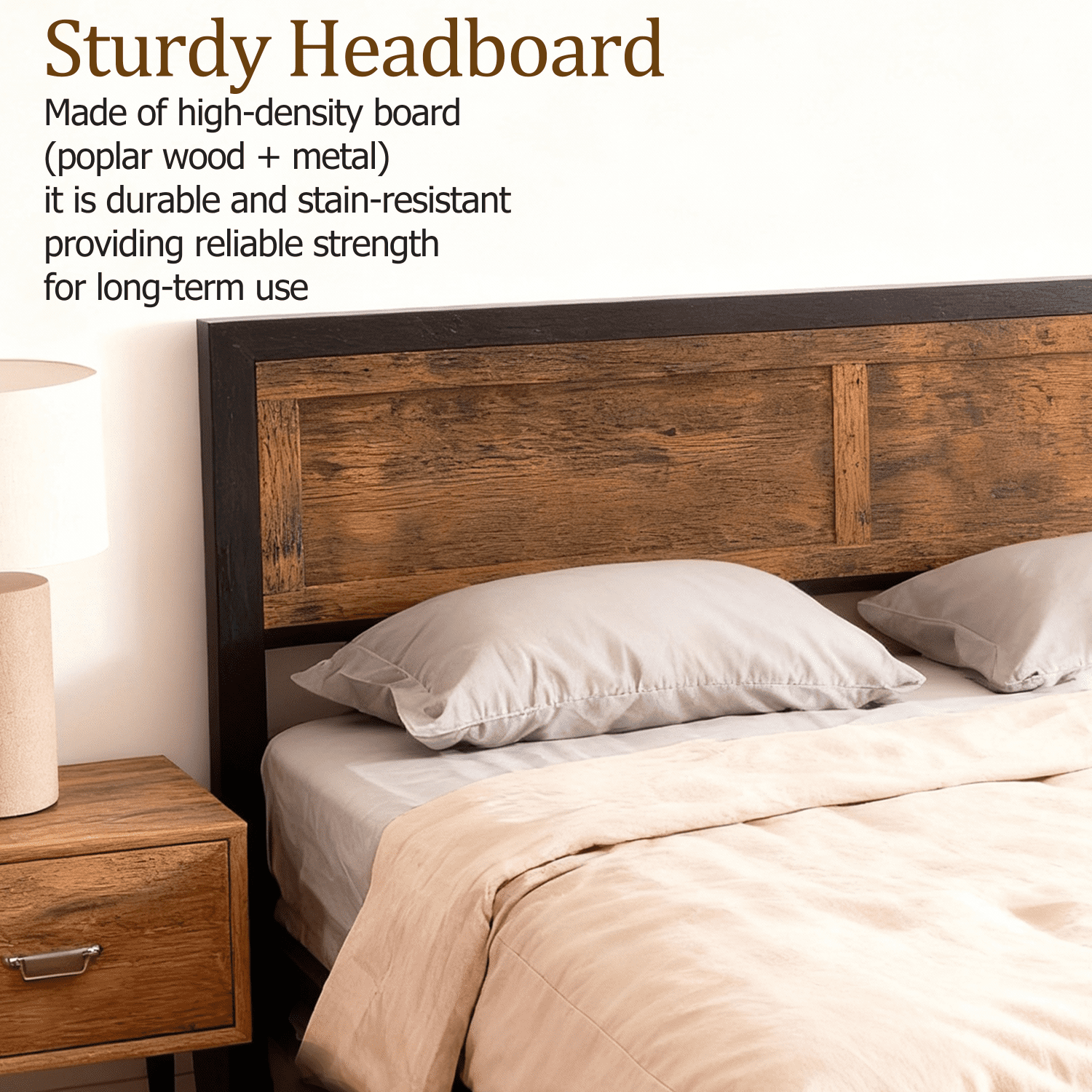 Vipbear Brown Sturdy Heavy-Duty Metal Queen Size Bed Frame With Headboard And Footboard, 10in Under-Bed Storage,Concealed Screw,Quiet,Easy To Assemble