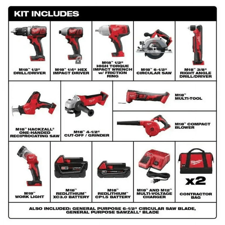 Milwaukee M18 18V Lithium-Ion Cordless Combo Kit (10-Tool) with (2)  Batteries, Charger and (2) Tool Bags
