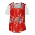 thumbnail image 4 of up to 60% off Gifts Usmixi Shirts for Women Vintage Lace Patchwork Pleated Hem Going out Tunic Tee Tops Summer Trendy Floral Print Short Sleeve Square Neck Ladies Blouses Red s, 4 of 5