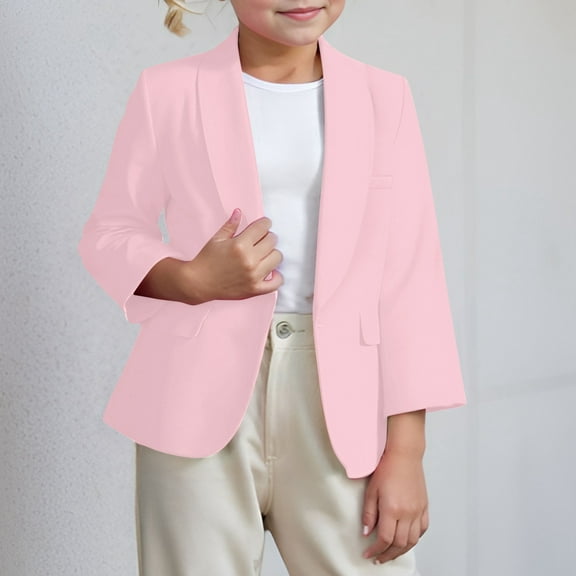 Kids Suit Jacket Long Sleeve Shawl Collar Open Front Formal Girls Pink Jacket with Pocket Suits for Toddler Girls 3-4 Years