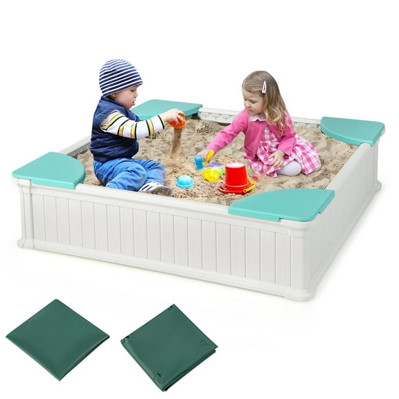 Gymax Kids Outdoor Sandbox 48.5'' x 48.5'' x 12.5'' Large HDPE Sandpit with Oxford Cover White