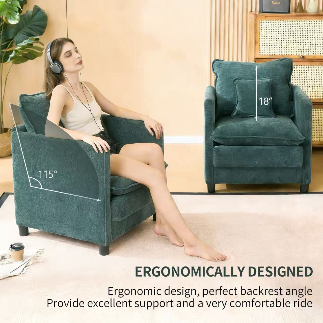 Modern Accent Chair,Linen Single Sofa Chair,Modern Reading Armchair with Pillow for Living Room,Bedroom,Dark Green