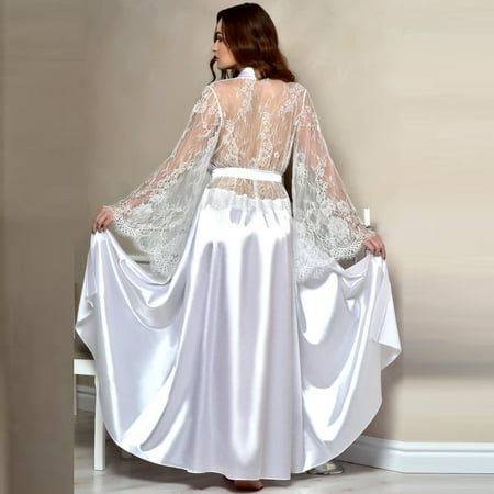 

Women Nightdress Silk Satin Lace Lingerie Pajama Kimono Sleepwear Long Robe Gow Please buy one or two sizes up