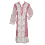 Mogul Women's Caftan Dress Pink White Floral Embroidered Georgette Long Tunic Kaftan